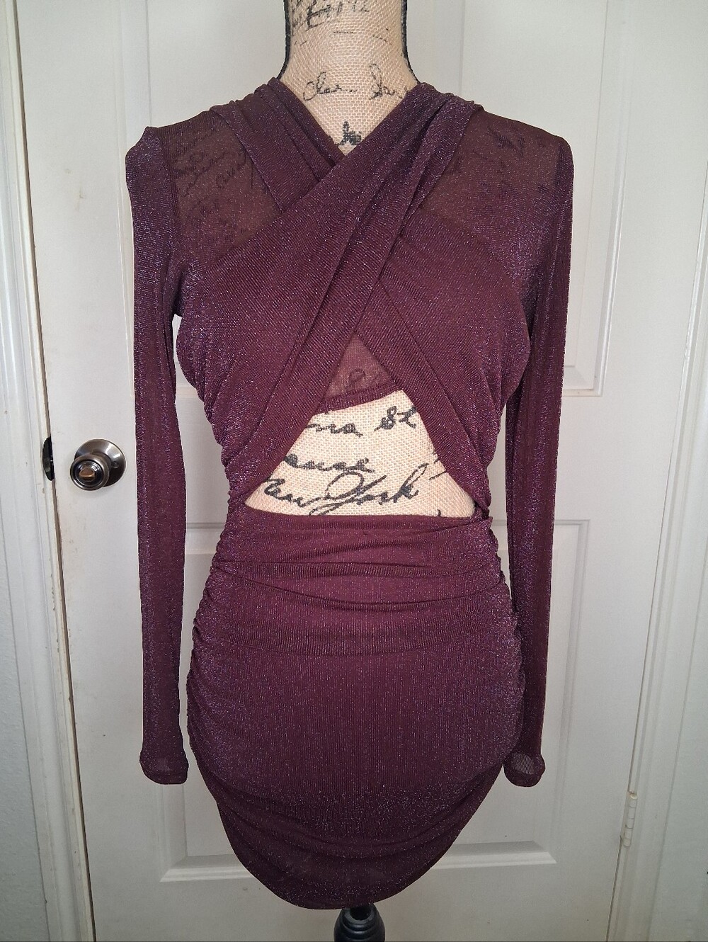 Privy Burgundy Glitter Ruched Cutout Bodycon Mini Dress M